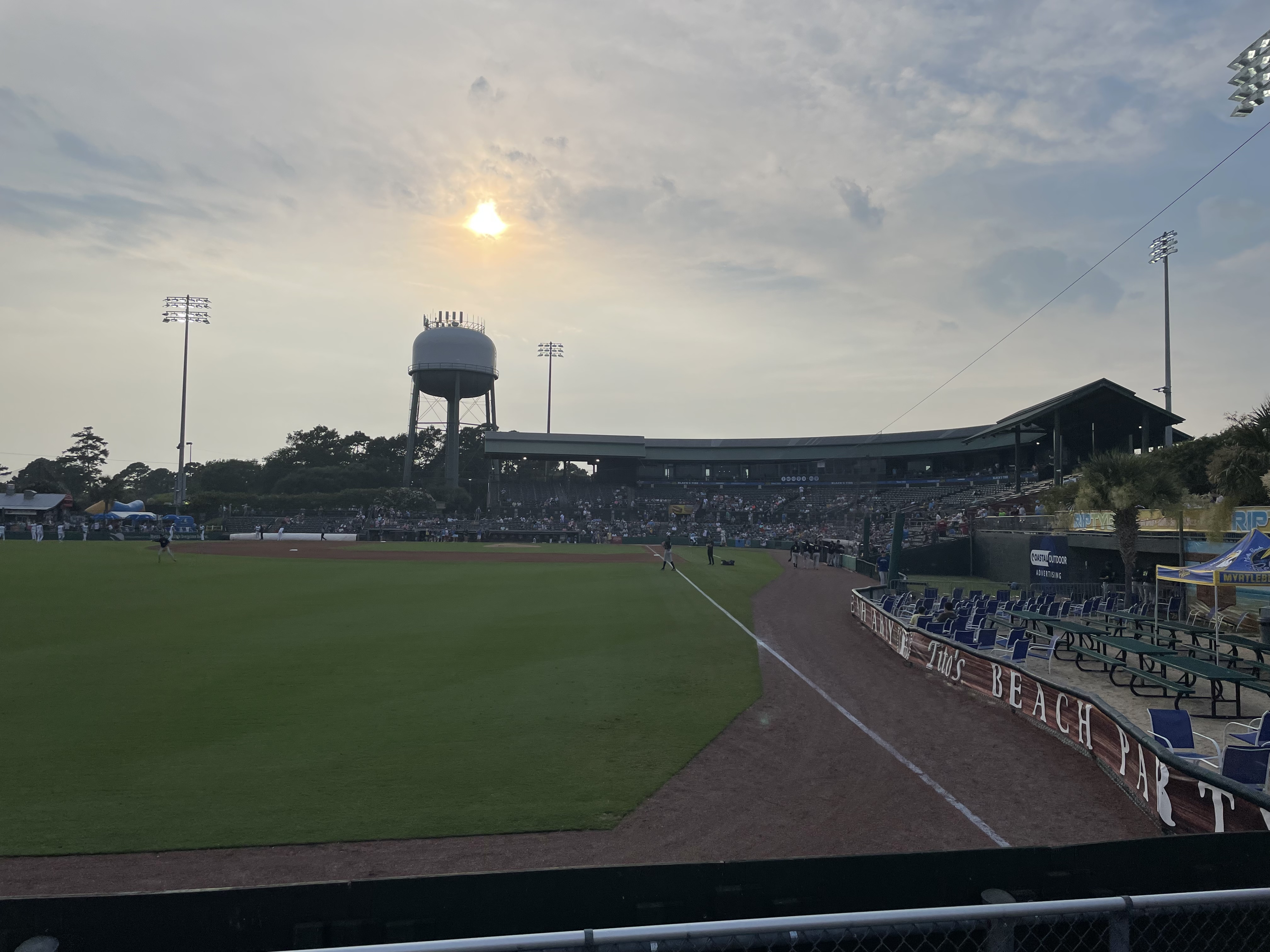 Pelicans Ballpark interior at dusk
