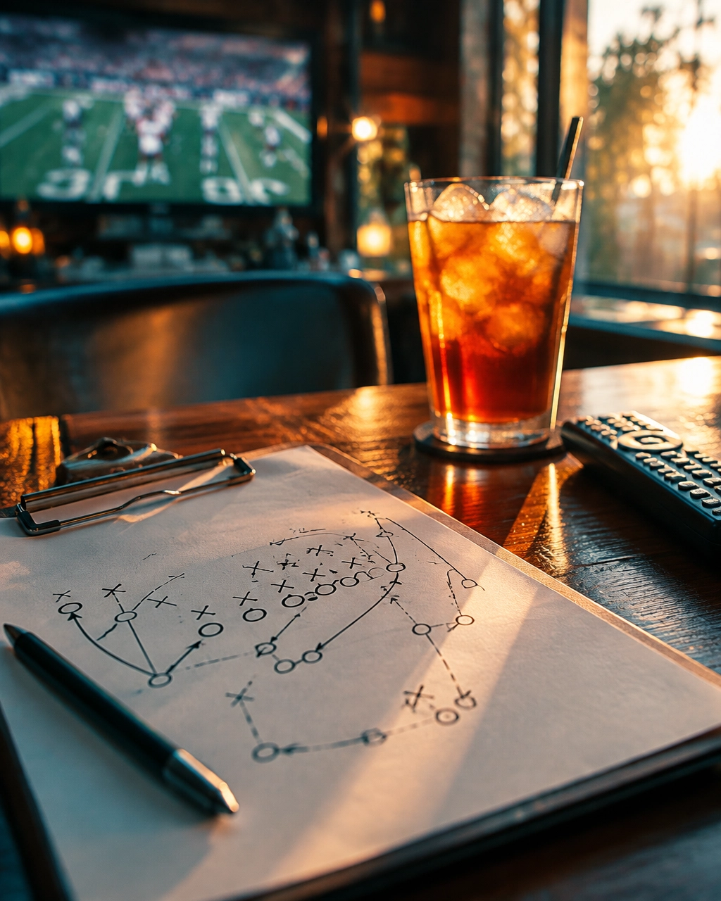 Football play diagram on a clipboard beside a remote and iced tea at a sports-bar table