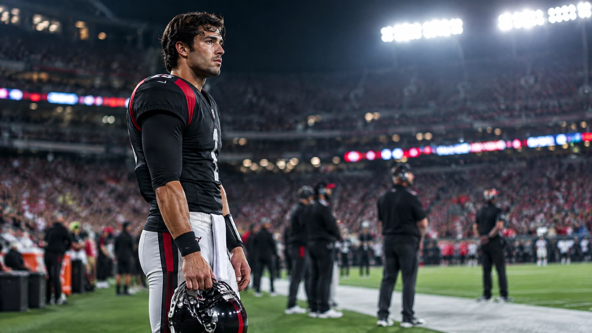 Anonymous quarterback in black, red, and white colors on a game-night sideline