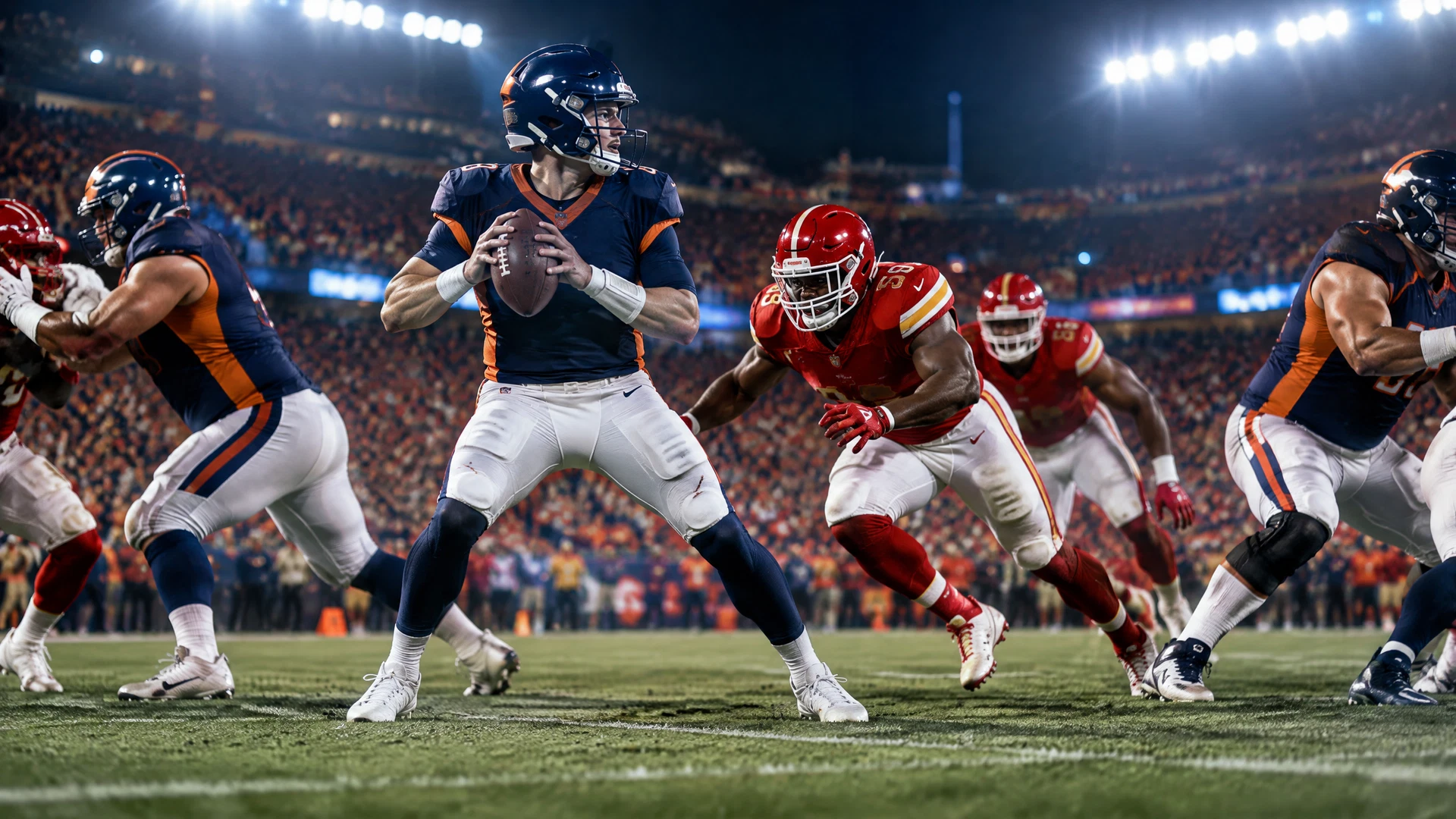 Orange-and-navy versus red-and-gold football pressure in a primetime stadium