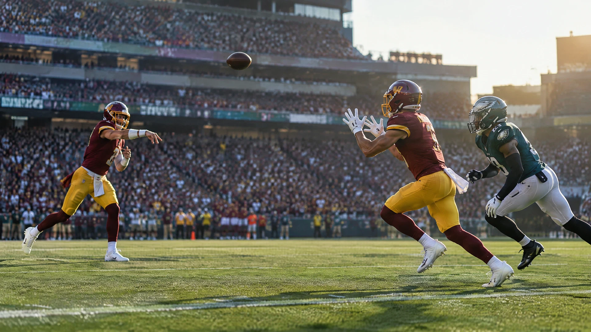 Burgundy-and-gold versus midnight-green football pass play at sunset