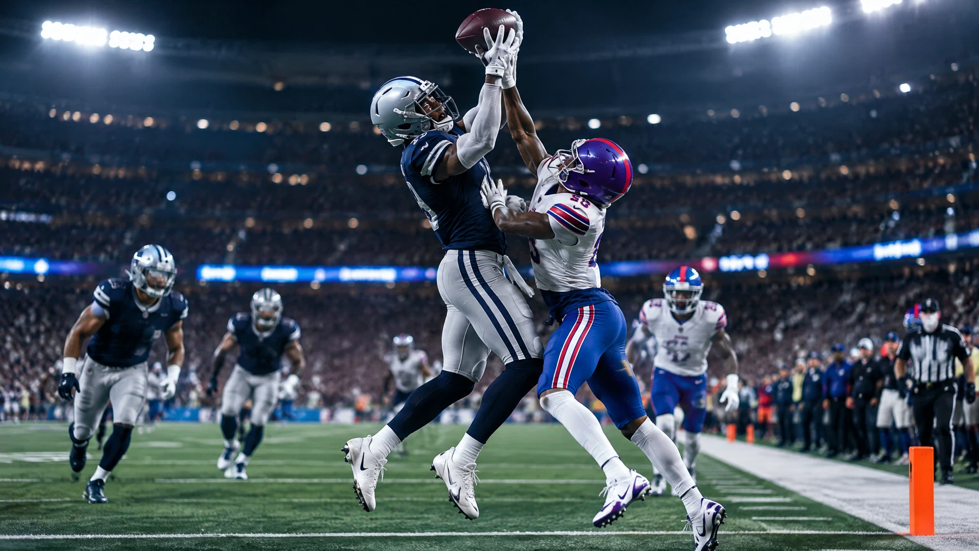 Navy-and-silver versus royal-blue-and-red football catch under stadium lights