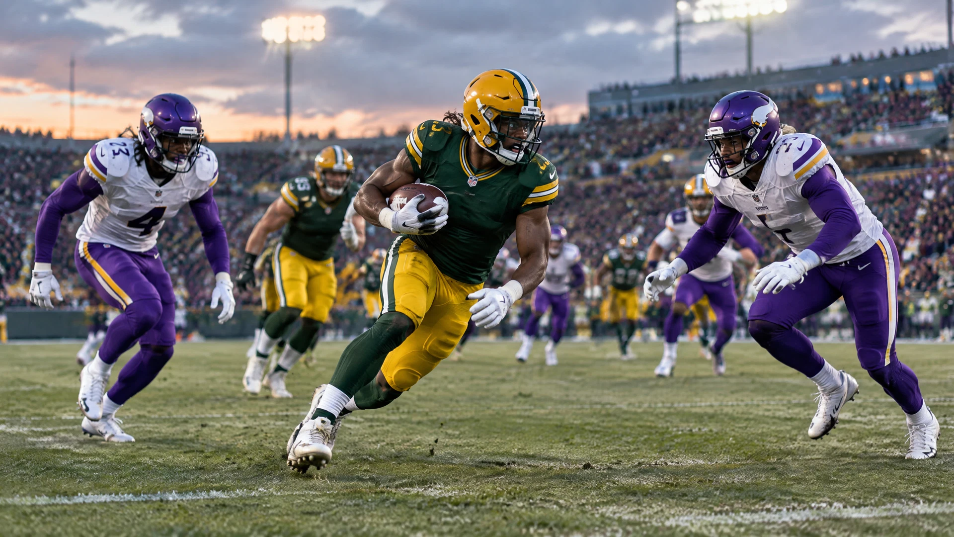 Green-and-gold versus purple-and-gold football action in a cold-weather stadium