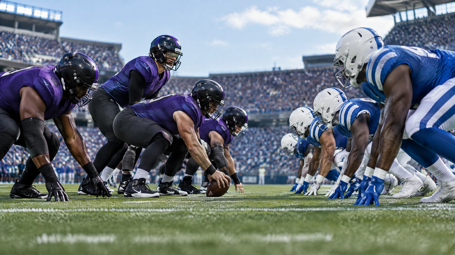 Deep-purple-and-black versus royal-blue-and-white football line of scrimmage