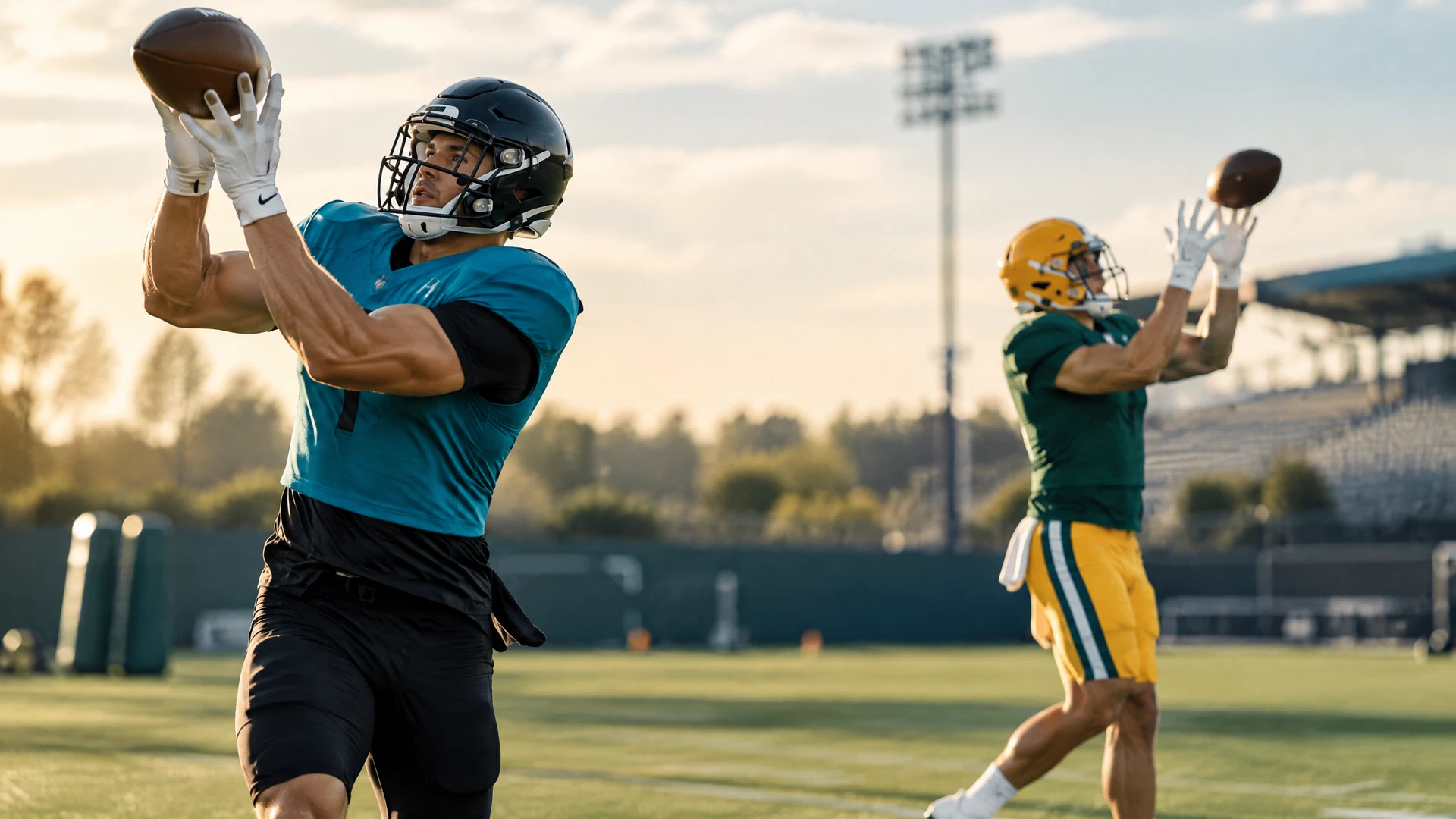 Anonymous tight ends in teal-and-black and green-and-gold color palettes during practice