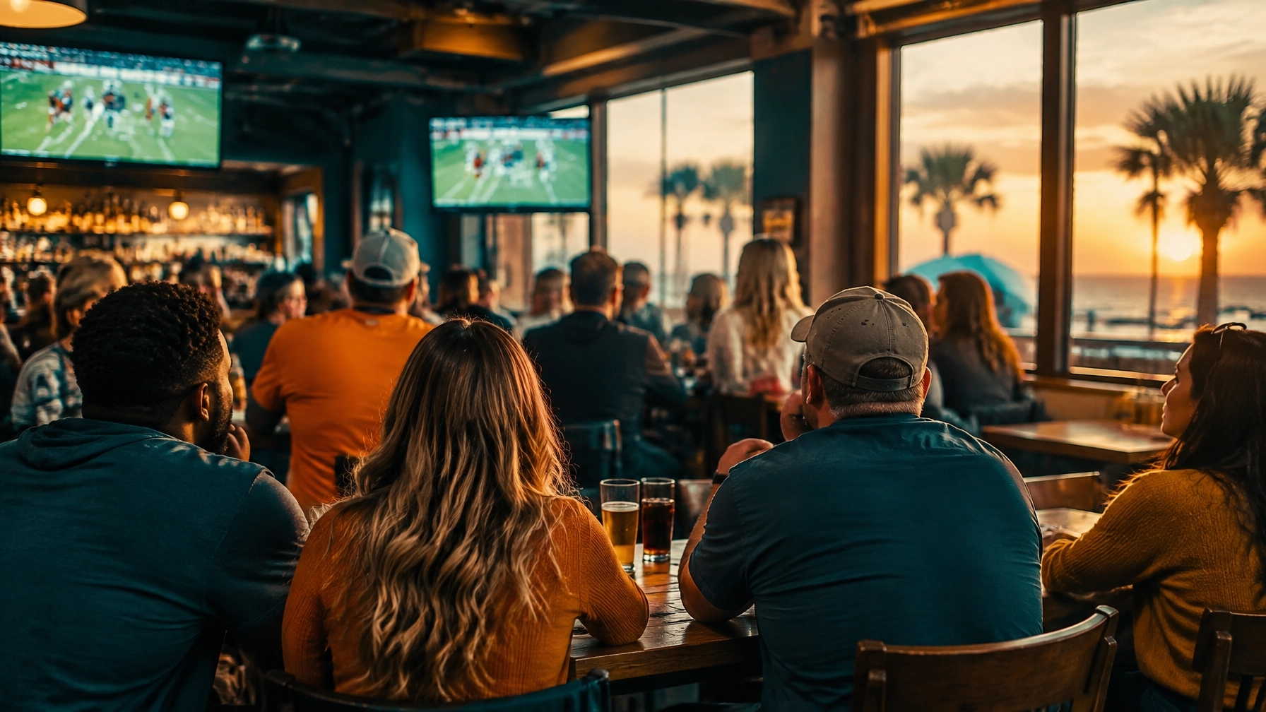 Football fans watching a game together in an anonymous sports-bar setting